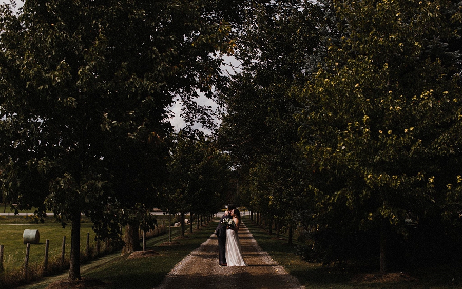 bride groom stand in tree lined path
