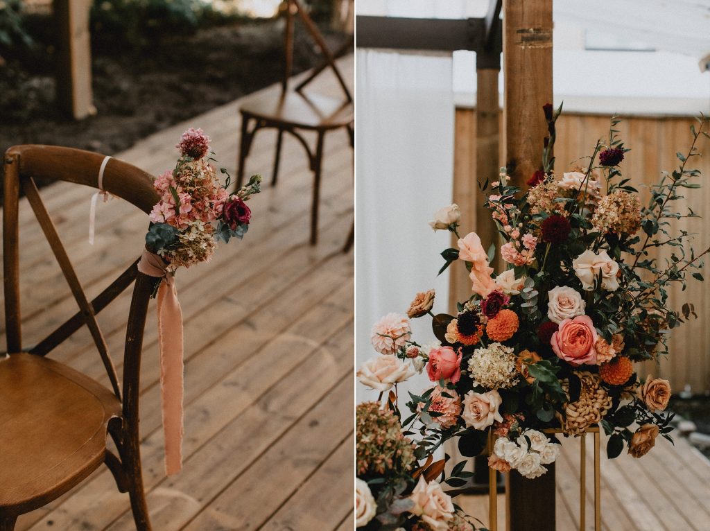 Peach Floral-arrangement details on alter and chairs - Autumn Micro Wedding at Berkeley Fieldhouse