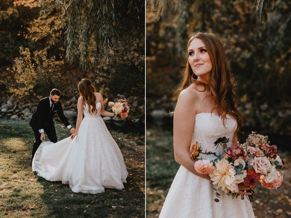 Groom gently places brides wedding gown train on the grass -brides Autumn Micro Wedding at Berkeley Fieldhouse