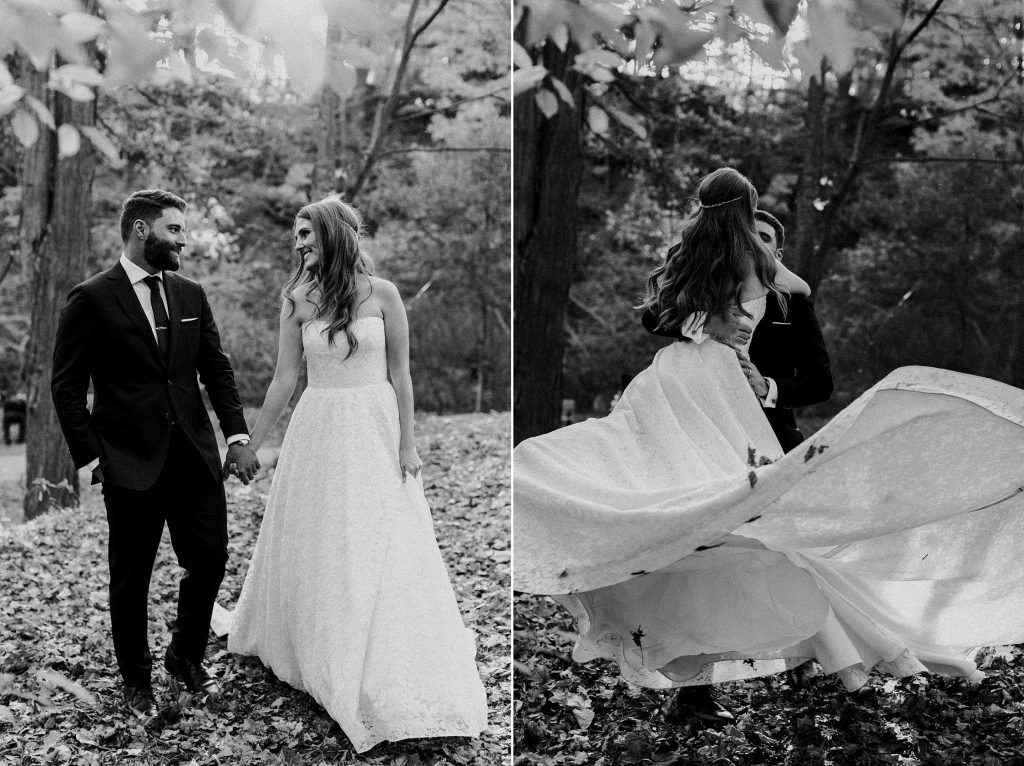 Black and white photo of Bride and groom dancing in the leaves - Autumn Micro Wedding at Berkeley Fieldhouse