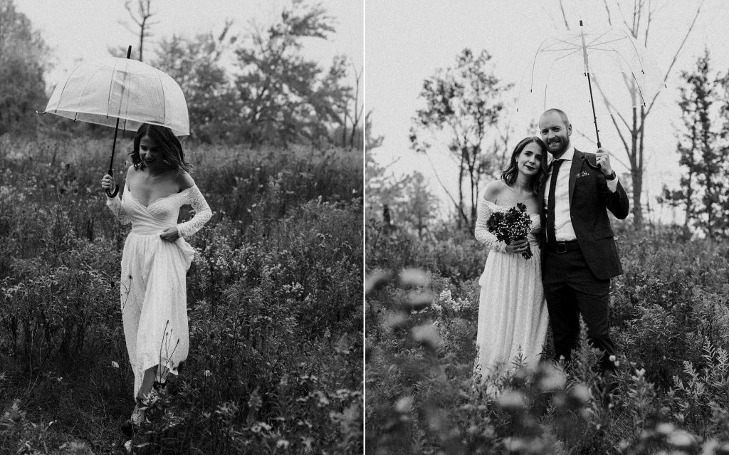 Bride with umbrella in wildflower field - Huron Natural Area Micro Wedding Kitchener, Ontario