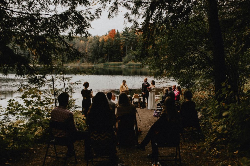 A small wedding ceremony at the edge of the pond - Huron Natural Area Micro Wedding , Kitchener, Ontario