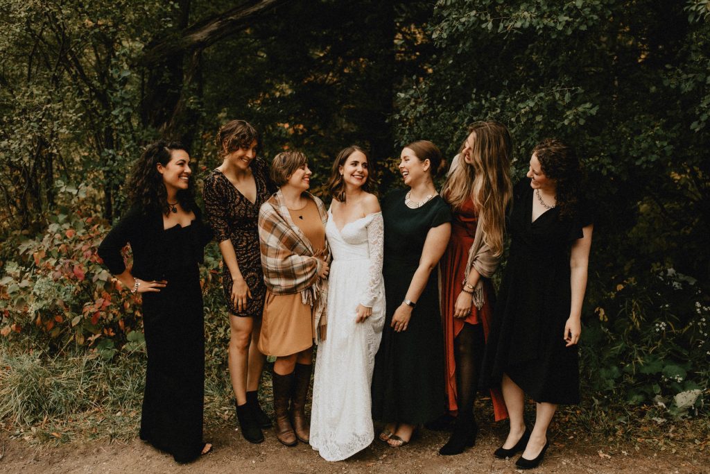 Bride with friends in forest - Huron Natural Area Micro Wedding Kitchener, Ontario
