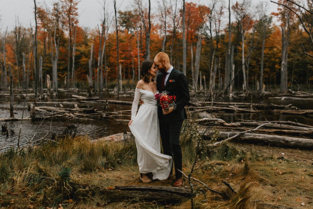 Bride and Groom embrace near the wetlands of Huron Natural Area - Micro Wedding, Kitchener, Ontario