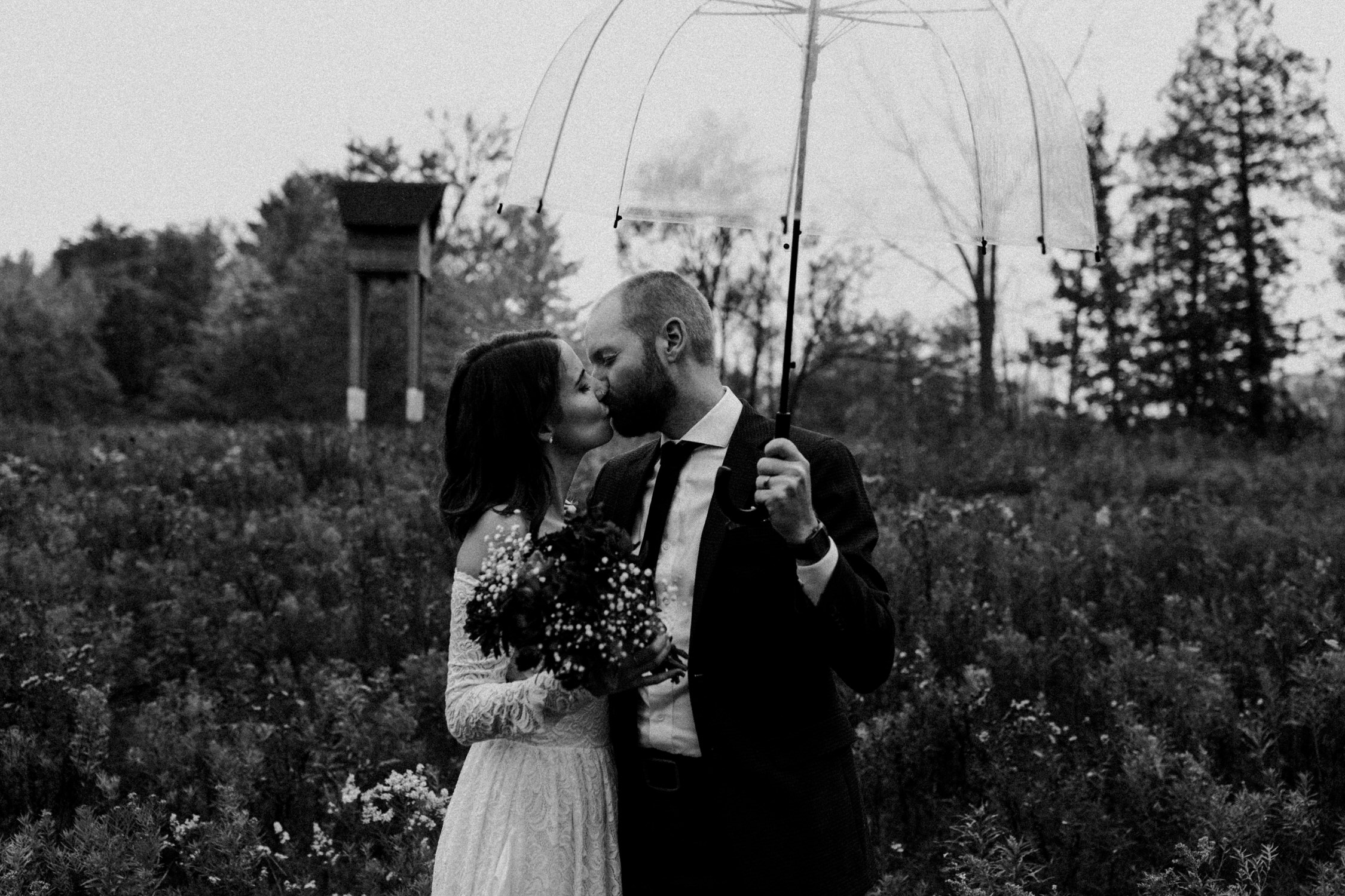 Bride and groom kiss under umbrella in field - Huron Natural Area Micro Wedding Kitchener, Ontario