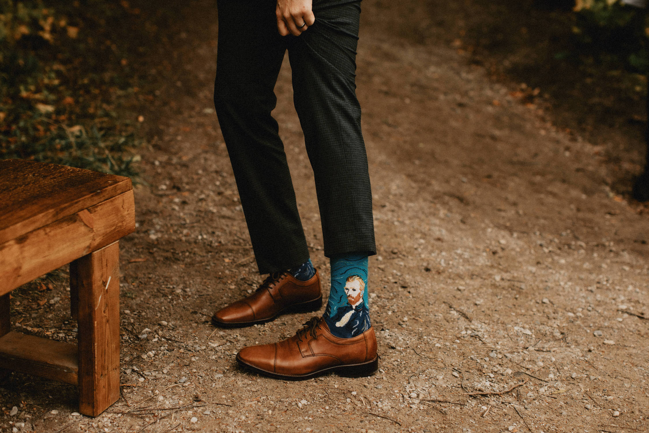 Groom with Van Gogh Socks - Huron Natural Area Micro Wedding Kitchener, Ontario