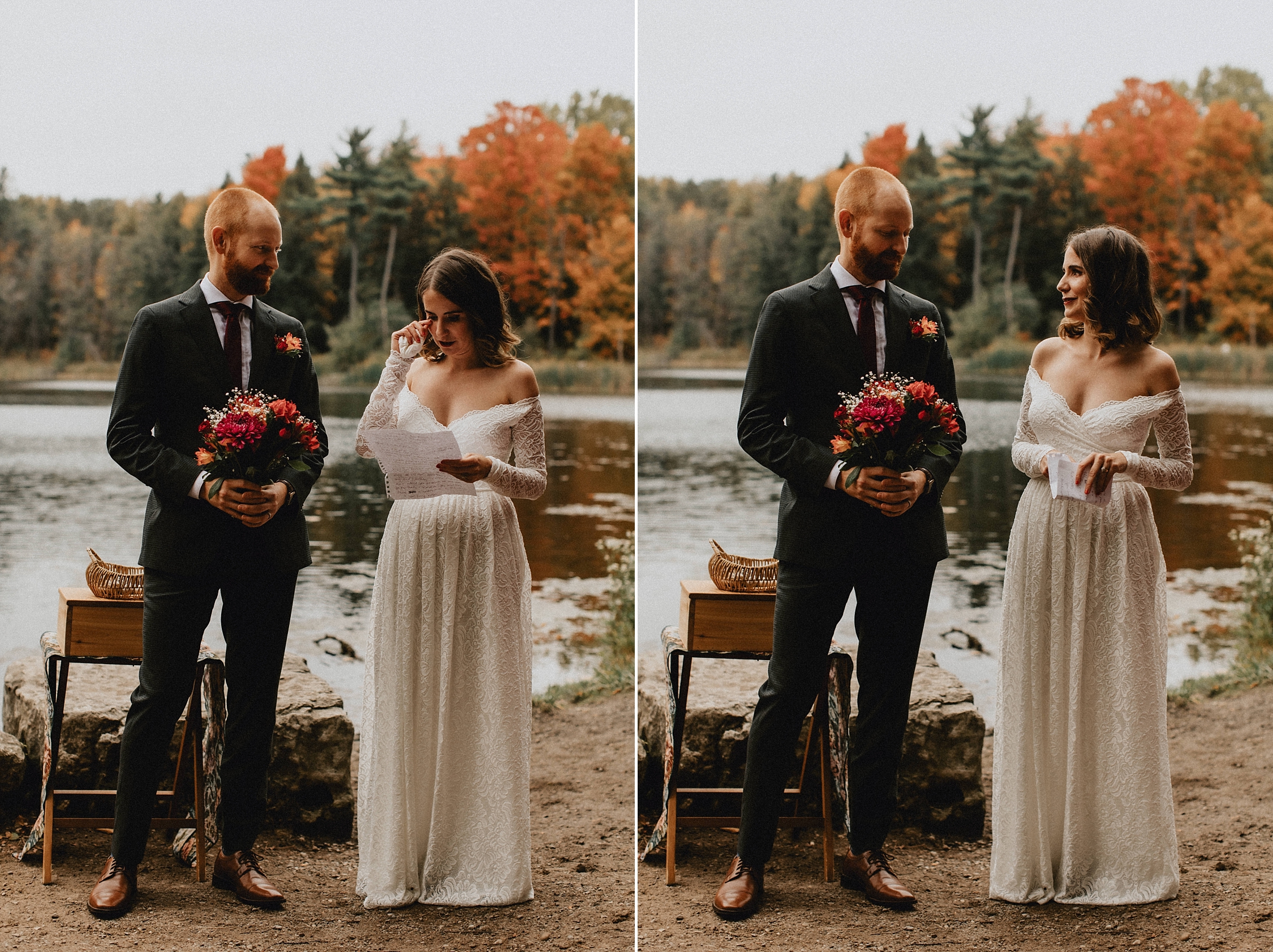 Bride reads vows to groom by pond -Huron Natural Area Micro Wedding Kitchener, Ontario